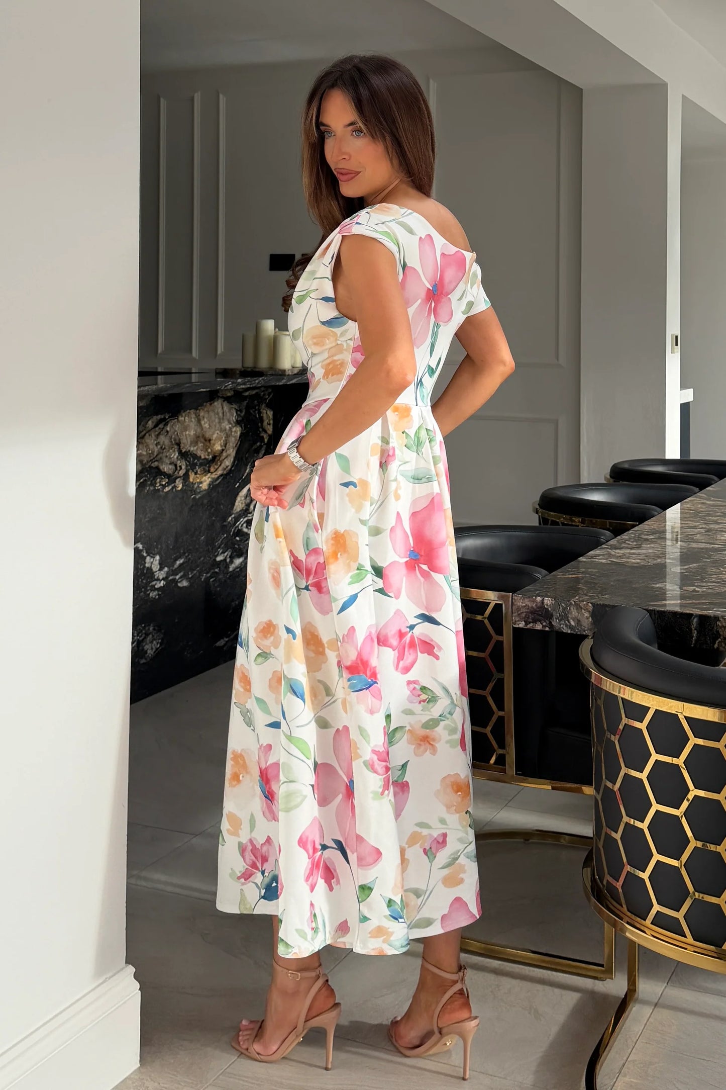 Betty Asymmetric Neckline Skater Midi Dress Pink Floral Print