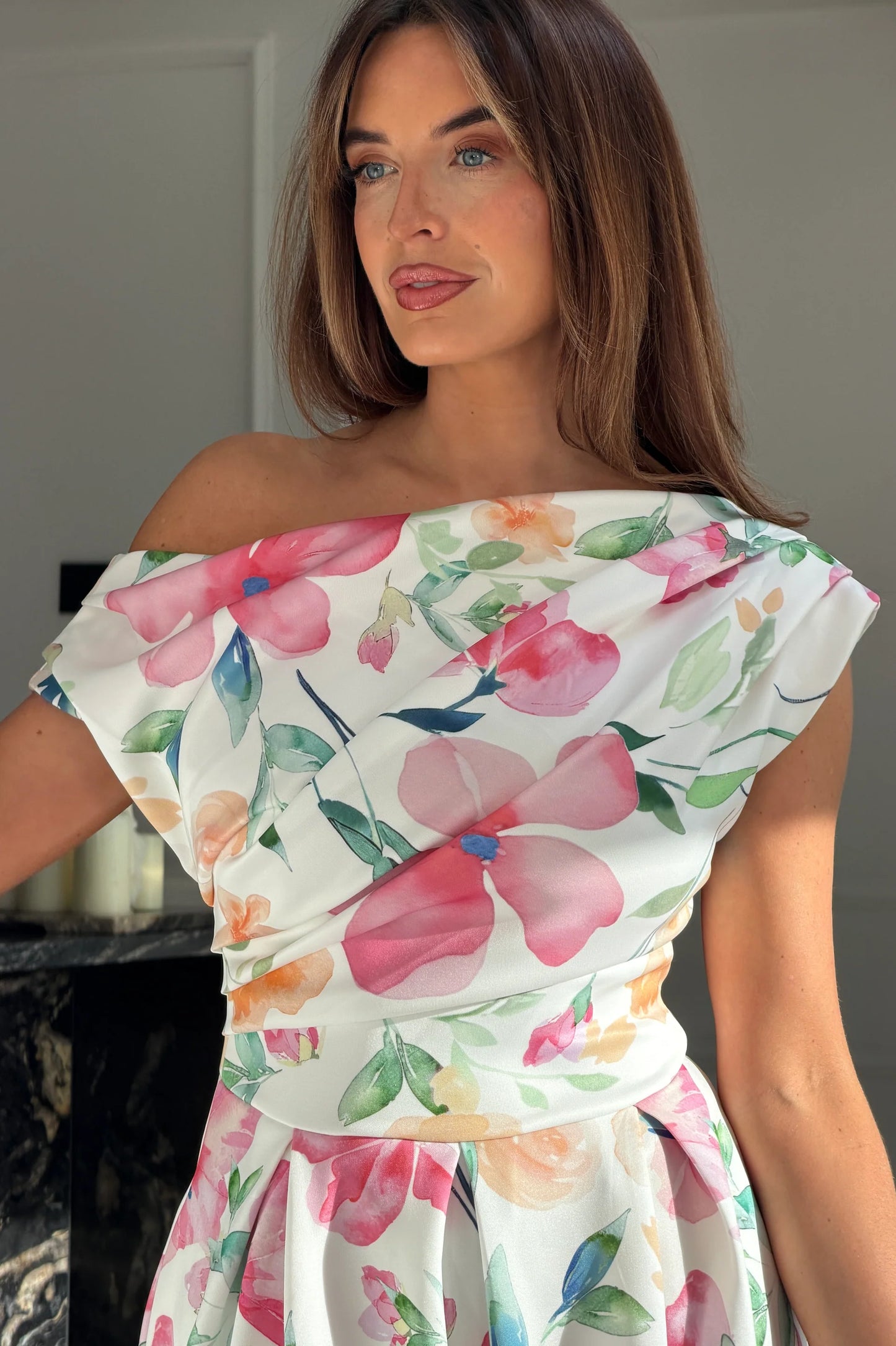Betty Asymmetric Neckline Skater Midi Dress Pink Floral Print