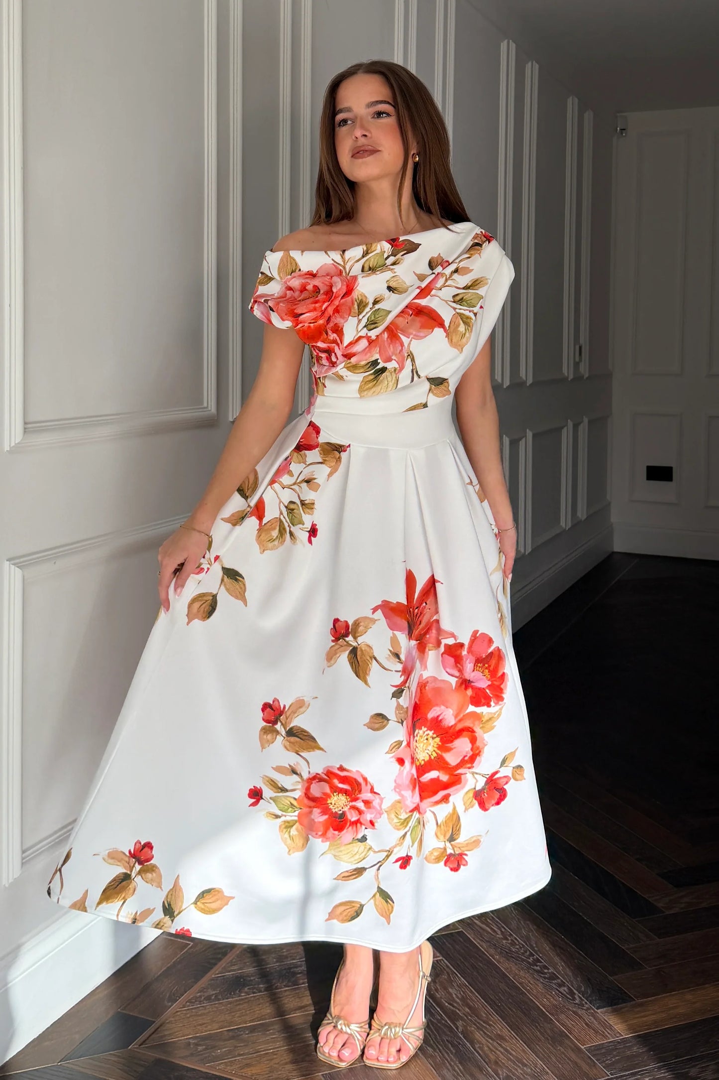Betty Asymmetric Neckline Skater Midi Orange Red Coral Floral