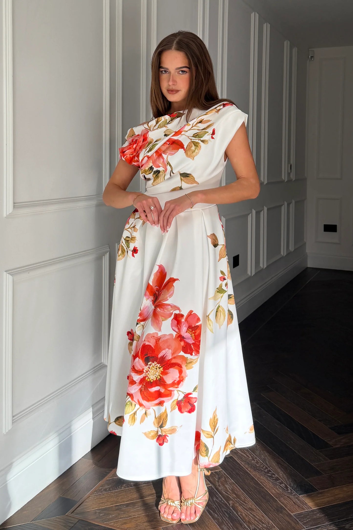 Betty Asymmetric Neckline Skater Midi Orange Red Coral Floral