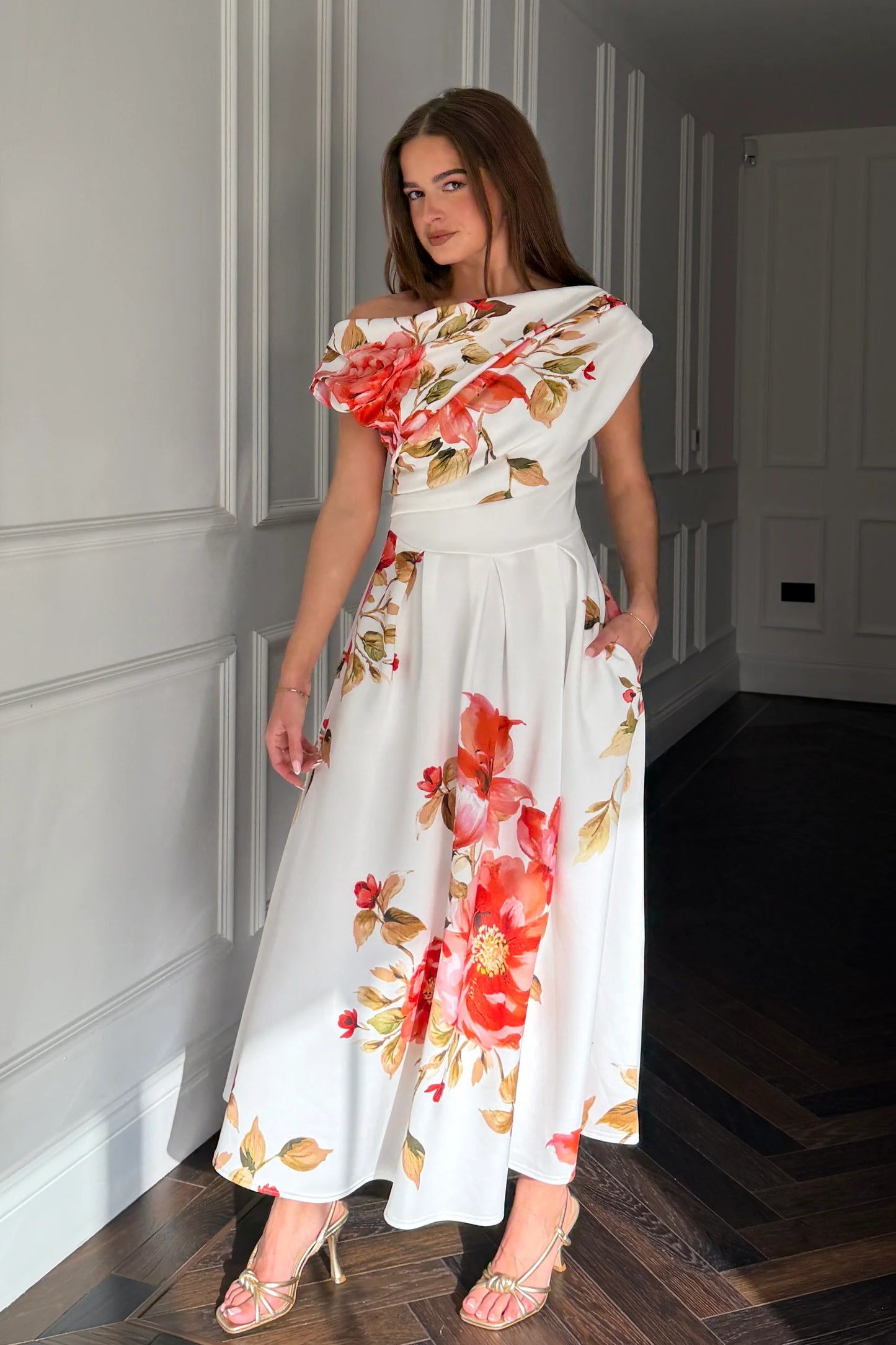 Betty Asymmetric Neckline Skater Midi Orange Red Coral Floral