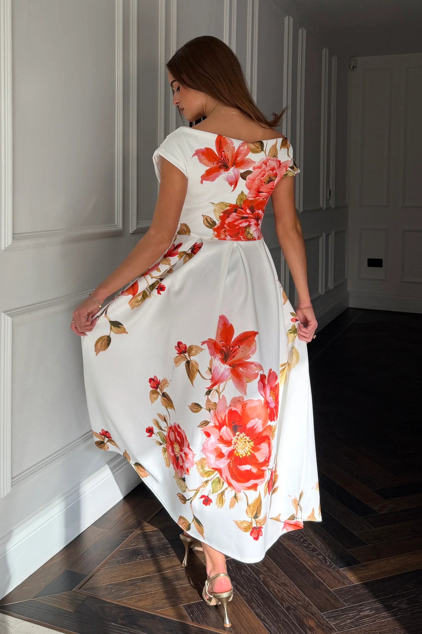 Betty Asymmetric Neckline Skater Midi Orange Red Coral Floral