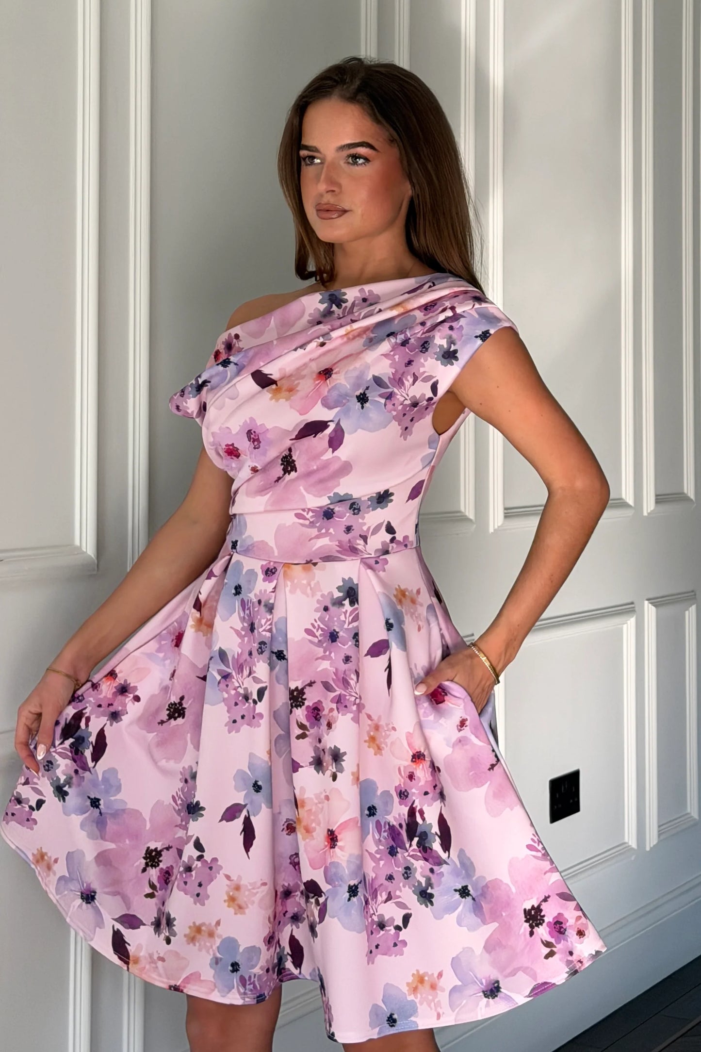 Betty Asymmetric Neckline Skater Mini Dress Lilac