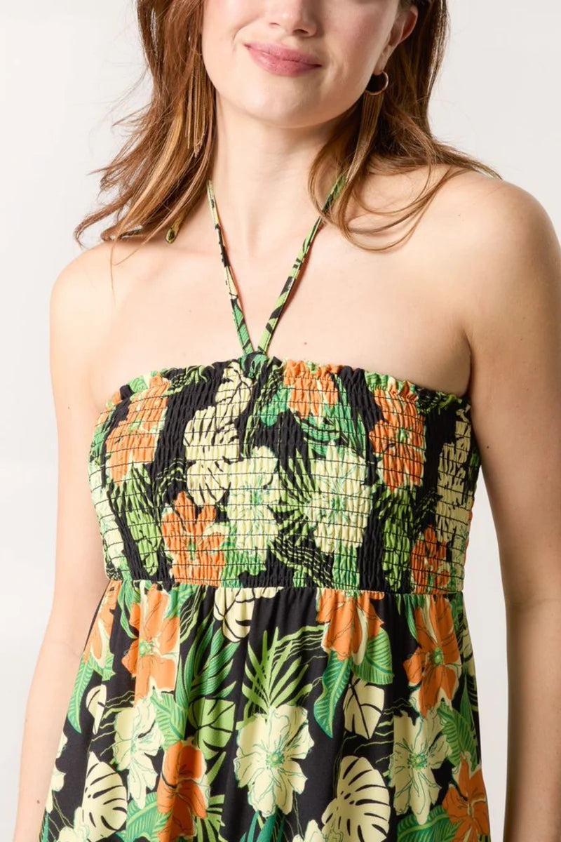 Tropical Floral Print Shirred Bandeau Dress