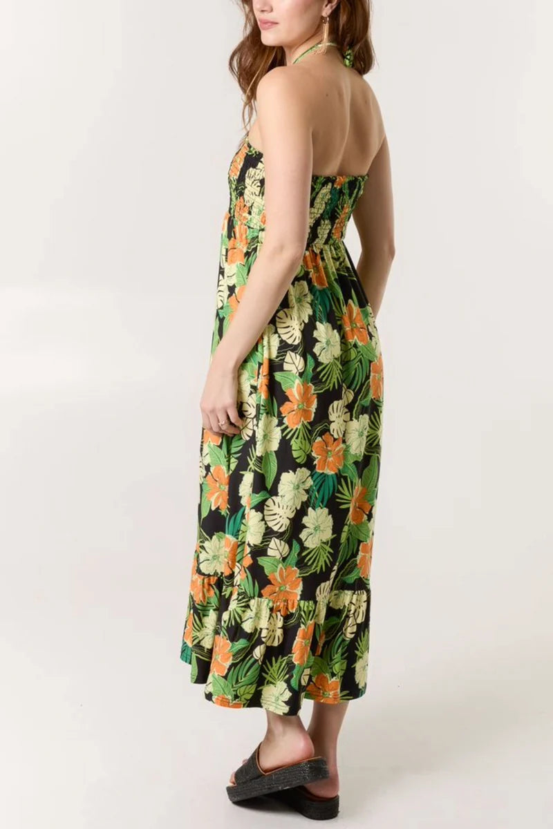 Tropical Floral Print Shirred Bandeau Dress