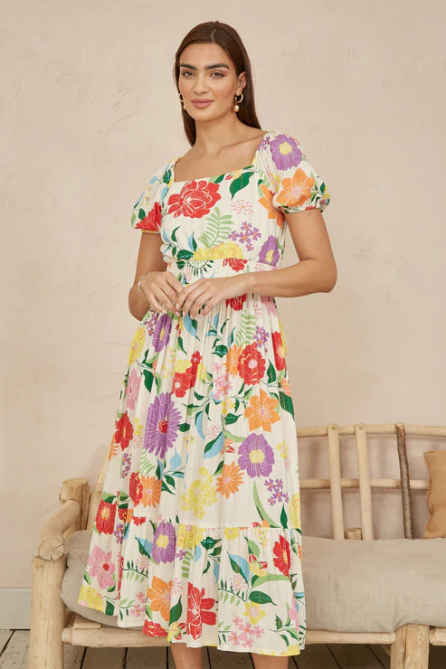 White Big Floral Midi Dress