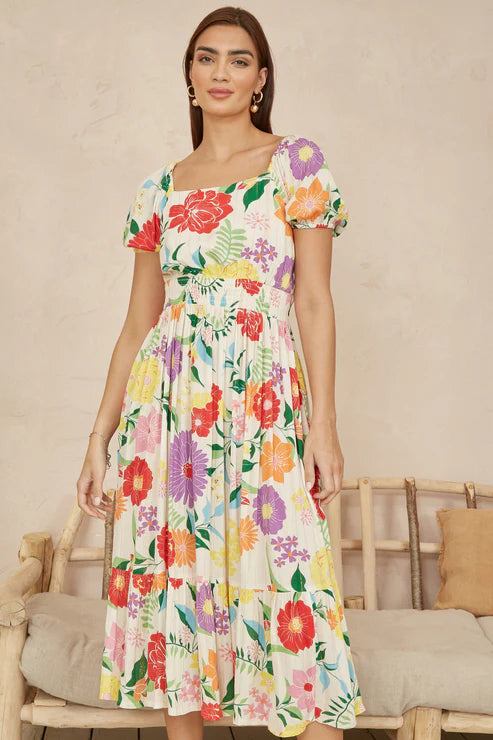 White Big Floral Midi Dress