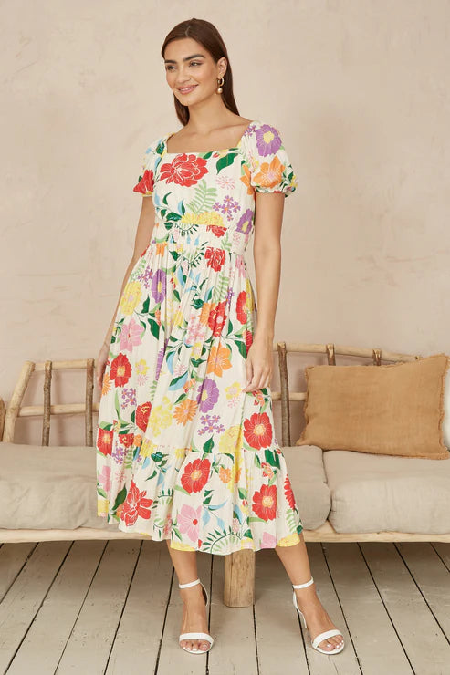 White Big Floral Midi Dress