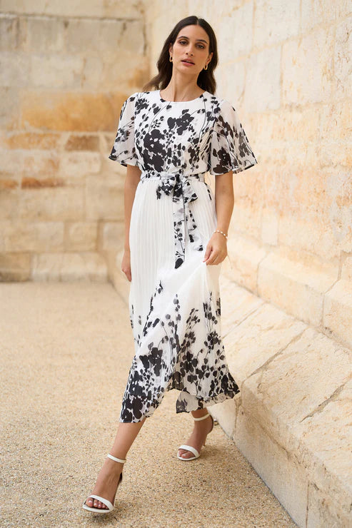 White Mirror Floral Design Pleated Midi Dress