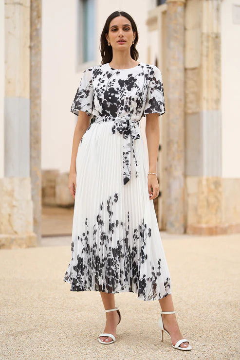 White Mirror Floral Design Pleated Midi Dress