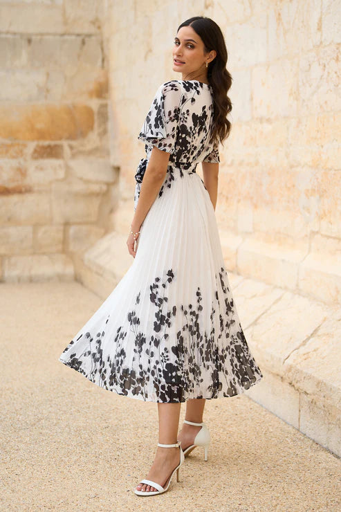 White Mirror Floral Design Pleated Midi Dress
