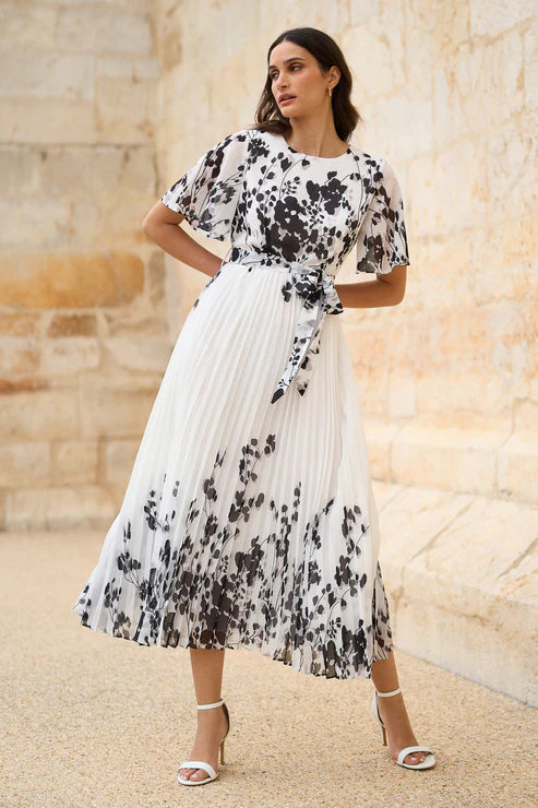 White Mirror Floral Design Pleated Midi Dress