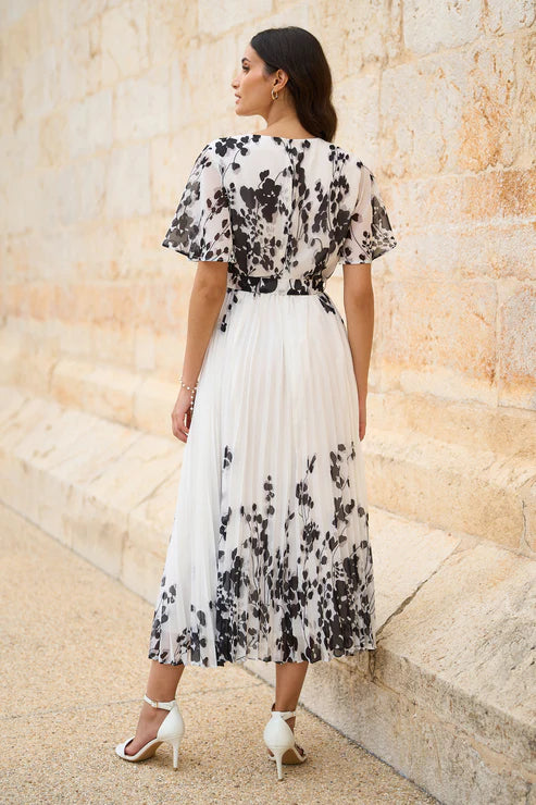 White Mirror Floral Design Pleated Midi Dress