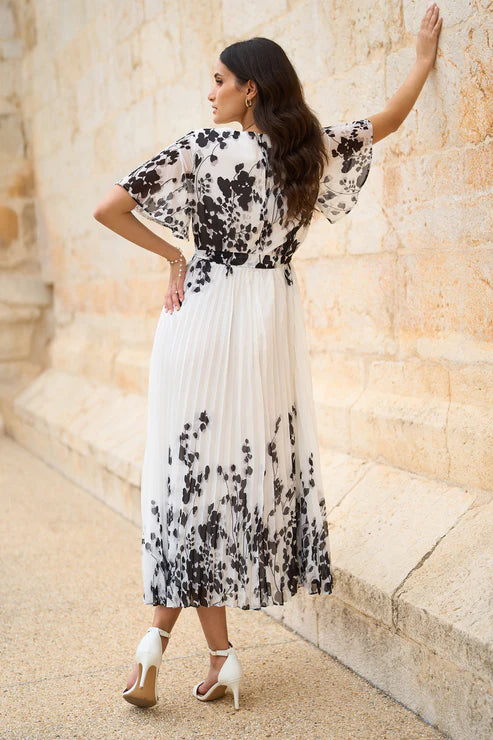 White Mirror Floral Design Pleated Midi Dress