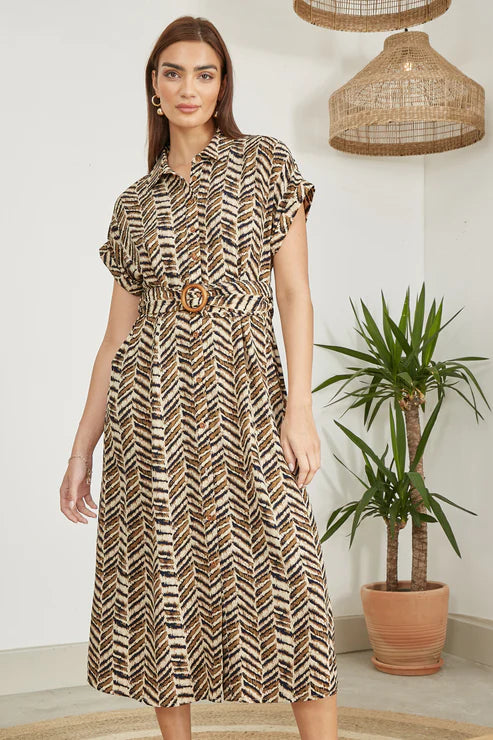 Brown Abstract Animal Print Relaxed Midi Shirt Dress With Belt