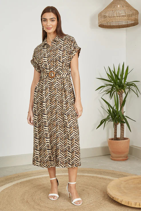 Brown Abstract Animal Print Relaxed Midi Shirt Dress With Belt