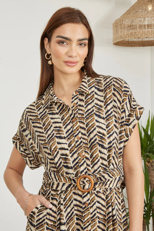 Brown Abstract Animal Print Relaxed Midi Shirt Dress With Belt