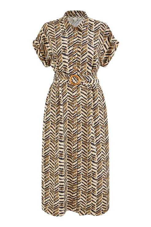 Brown Abstract Animal Print Relaxed Midi Shirt Dress With Belt