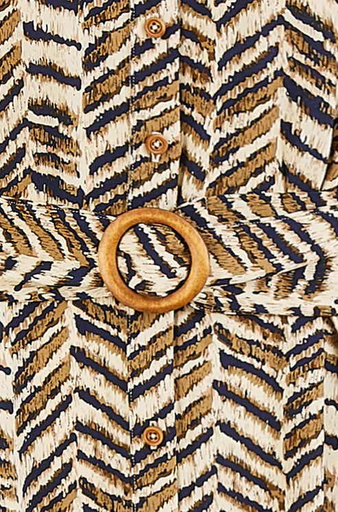 Brown Abstract Animal Print Relaxed Midi Shirt Dress With Belt