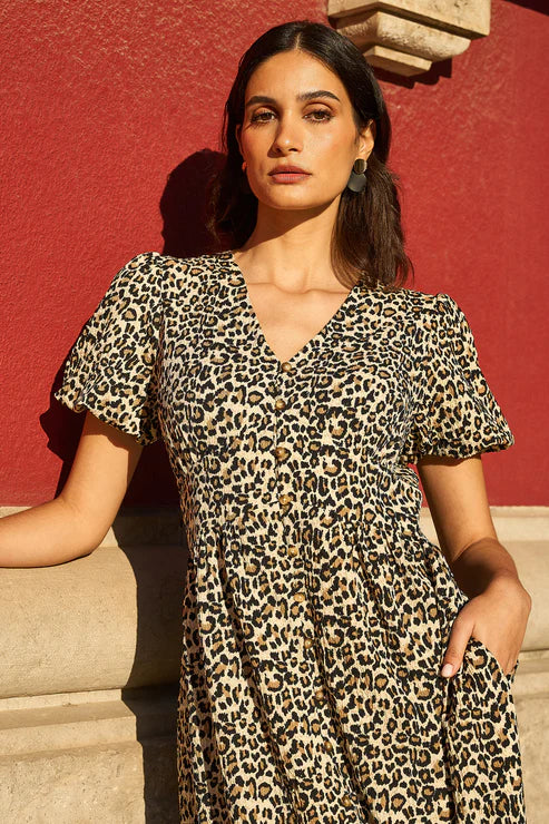 Brown Leopard Print Pleated Button Through Midi Dress