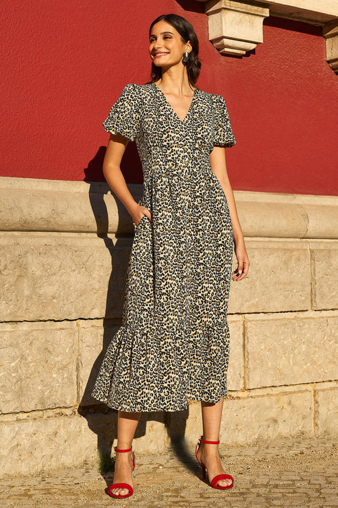 Brown Leopard Print Pleated Button Through Midi Dress