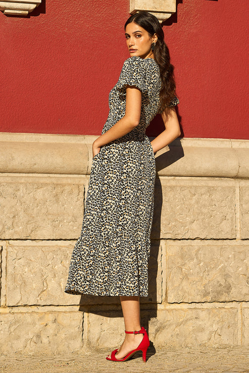 Brown Leopard Print Pleated Button Through Midi Dress