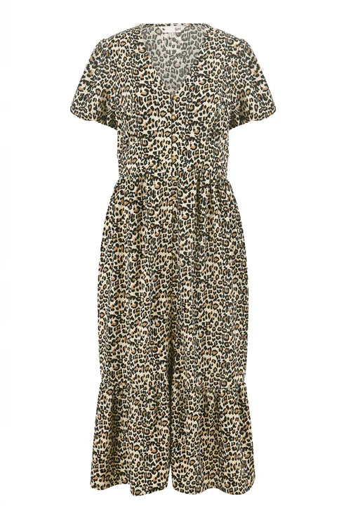 Brown Leopard Print Pleated Button Through Midi Dress