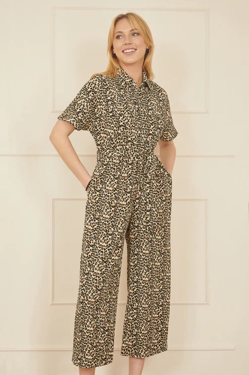 Brown Leaopard Print Crinkle Pleated Jumpsuit Brown