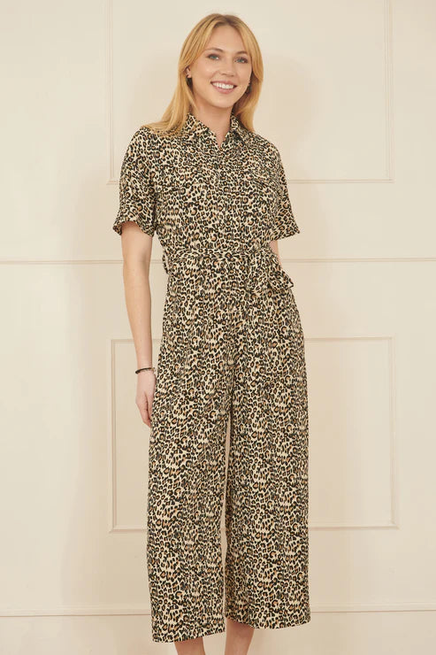 Brown Leaopard Print Crinkle Pleated Jumpsuit Brown