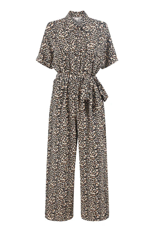 Brown Leaopard Print Crinkle Pleated Jumpsuit Brown