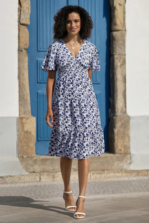 Blue Floral Ruched Waist Midi Dress With Angel Sleeves