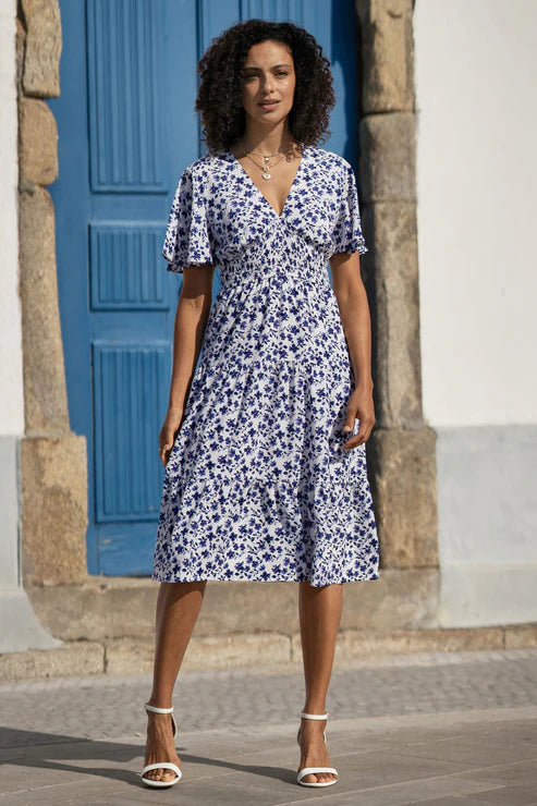 Blue Floral Ruched Waist Midi Dress With Angel Sleeves