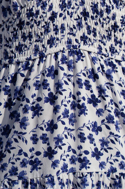 Blue Floral Ruched Waist Midi Dress With Angel Sleeves