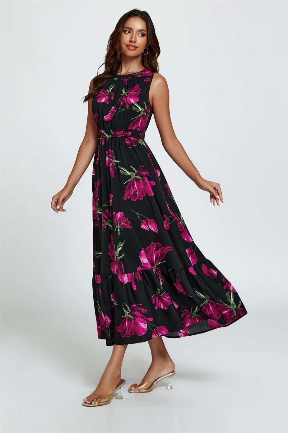 Floral Print Halterneck Maxi Dress in Black