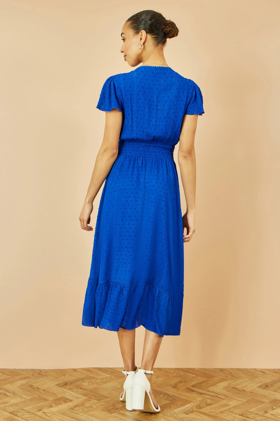 Blue Button Detail Midi Dress with Ruched Waist and Metallic Thread