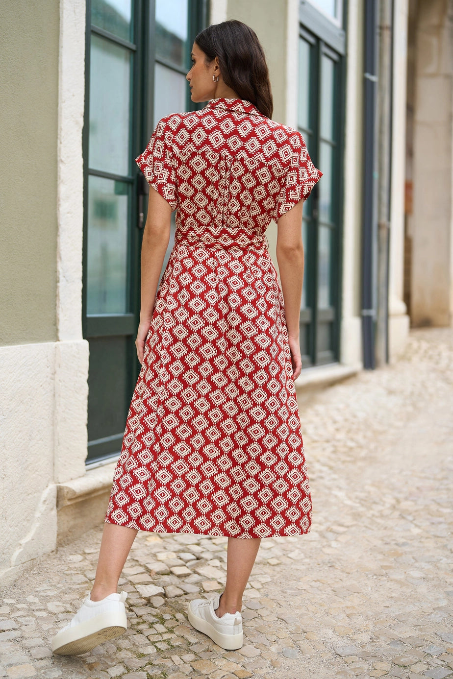 Red Viscose Midi Shirt Dress with Matching Belt