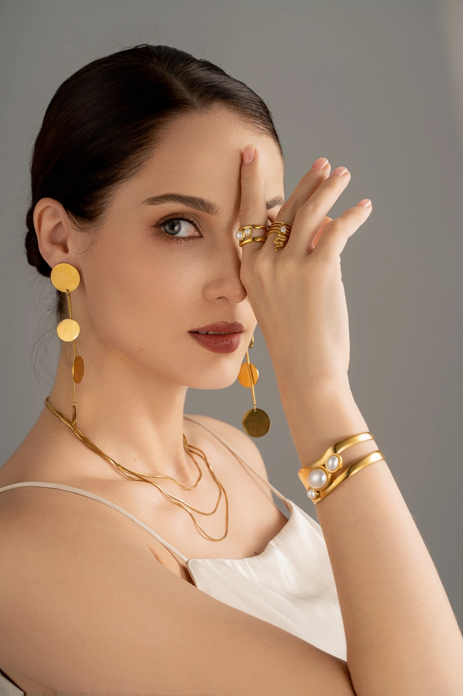 Wide Gold-Plated Bangle with Natural Stone Stainless Steel