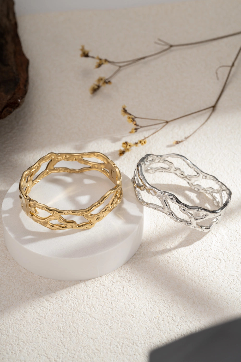 Openwork Bracelet in Stainless Steel with Organic Branch, Shine
