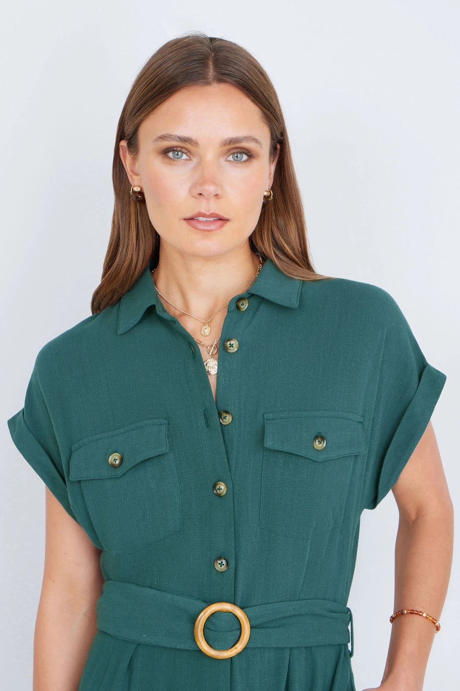 Green Viscose Linen Look Midi Shirt Dress with Wooden Belt