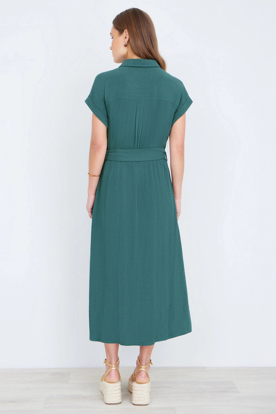 Green Viscose Linen Look Midi Shirt Dress with Wooden Belt