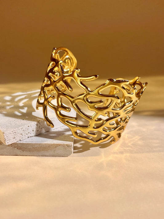 Gold Openwork Cuff Bracelet – Chic Coral Design, Steel