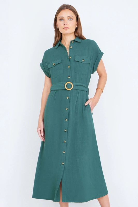 Green Viscose Linen Look Midi Shirt Dress with Wooden Belt