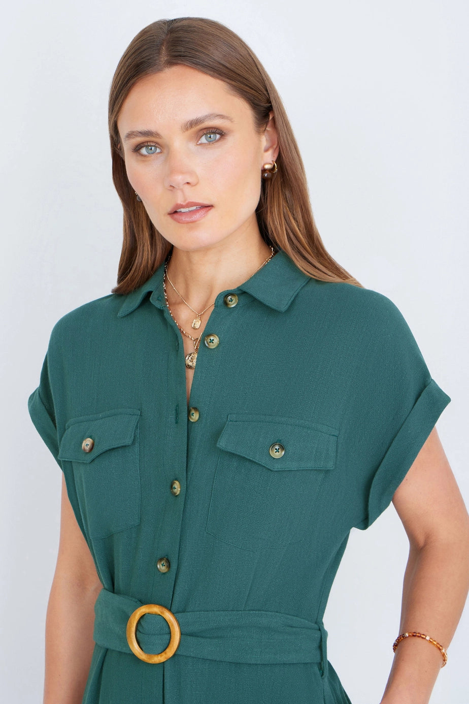 Green Viscose Linen Look Midi Shirt Dress with Wooden Belt