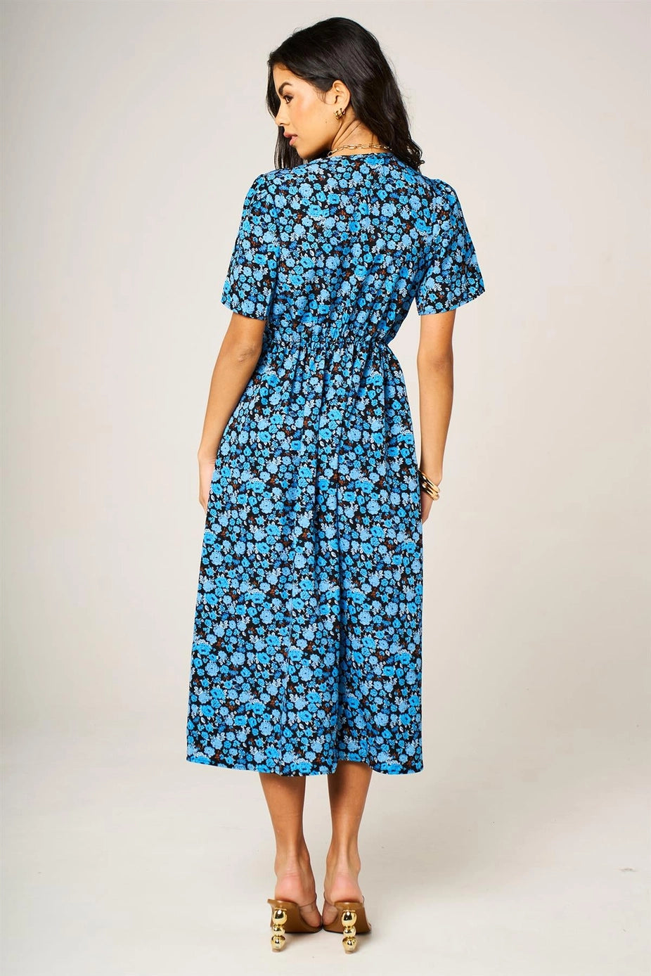 Floral Print Button Front Midi Dress in Royal Blue