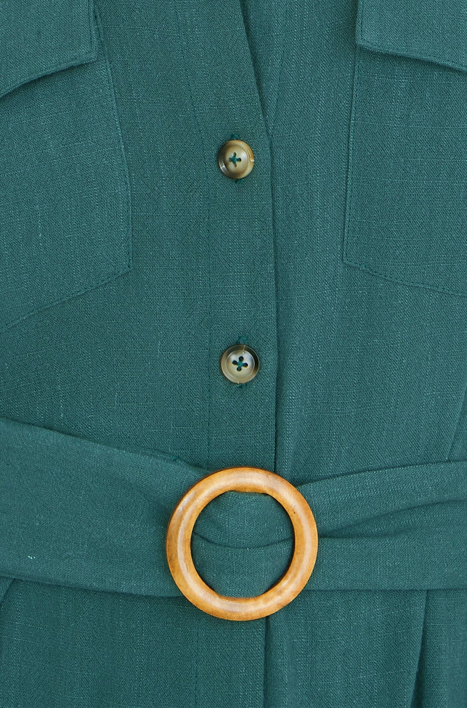 Green Viscose Linen Look Midi Shirt Dress with Wooden Belt