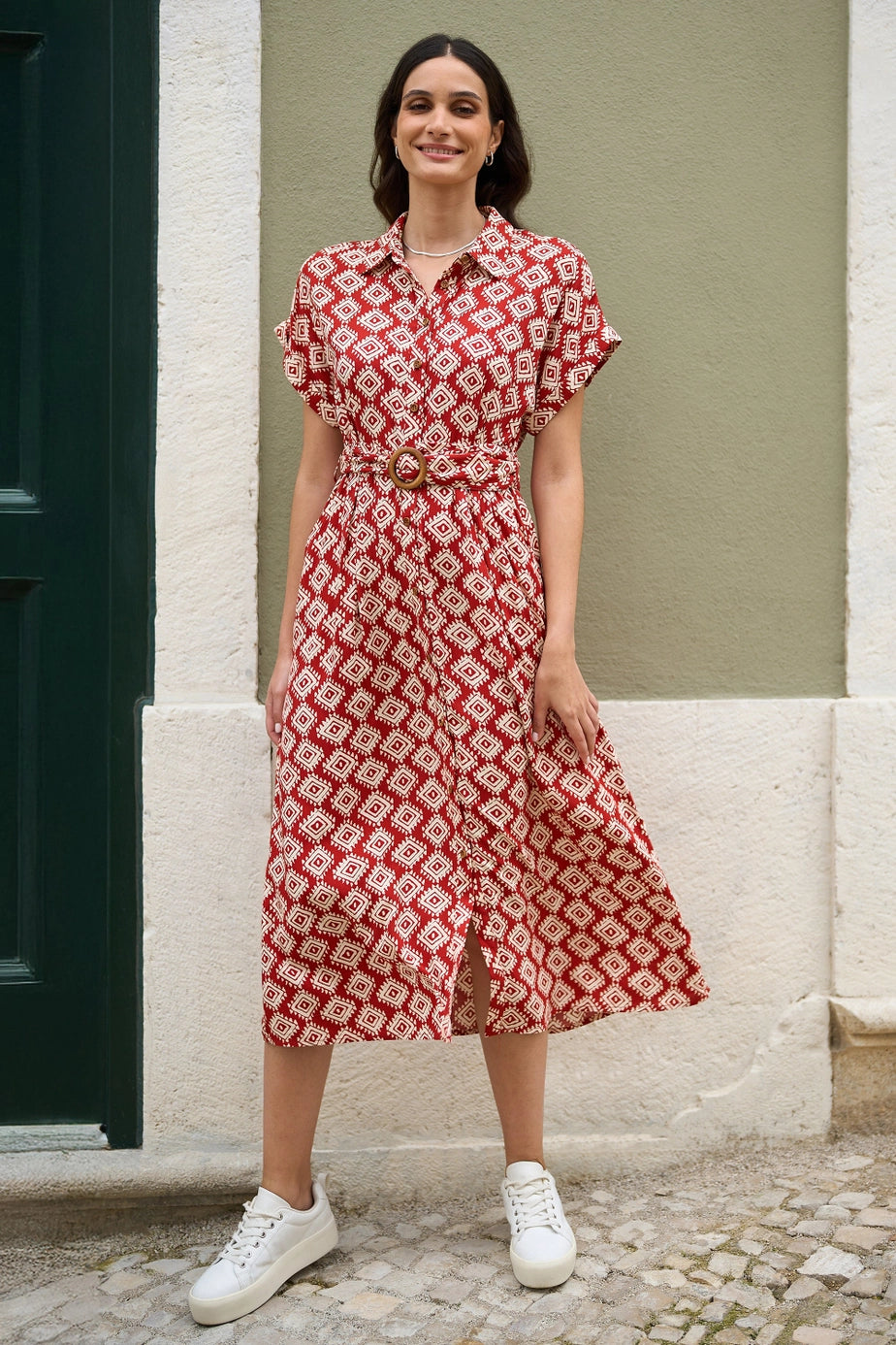 Red Viscose Midi Shirt Dress with Matching Belt