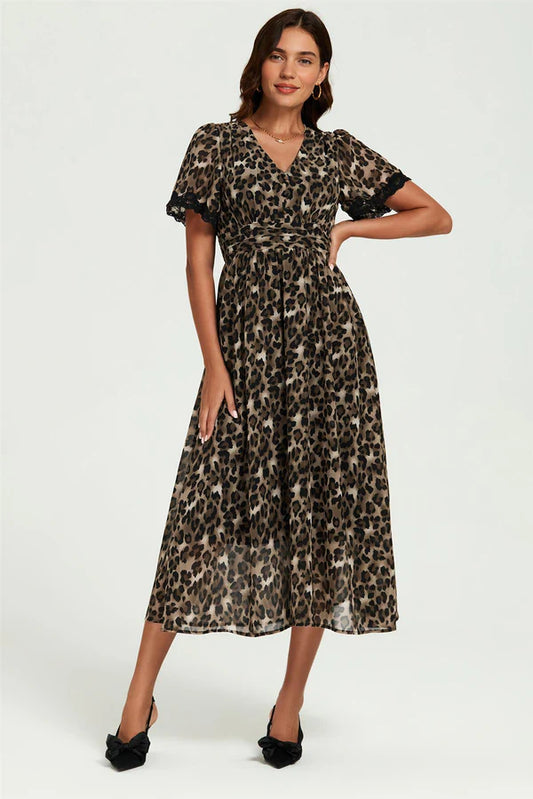 Leopard Print Lace Trim On Sleeve Midi Dress in Brown