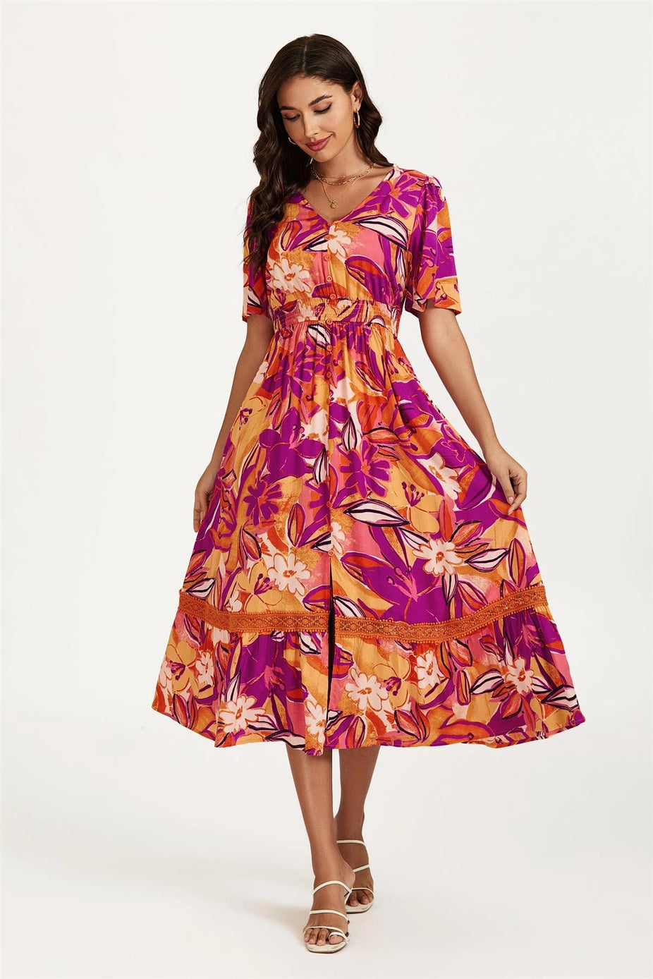 Floral Print Button Down Maxi Dress in Pink Orange