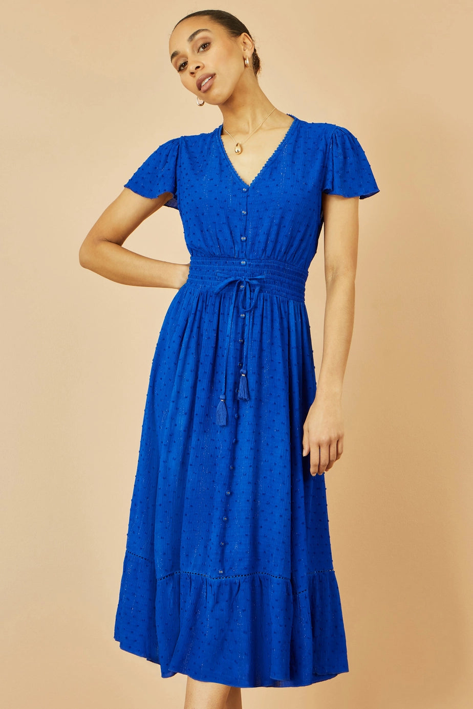 Blue Button Detail Midi Dress with Ruched Waist and Metallic Thread