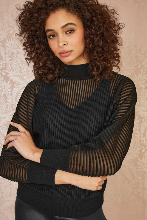 Black Sheer Roll Neck Jumper With Knitted Vest Top
